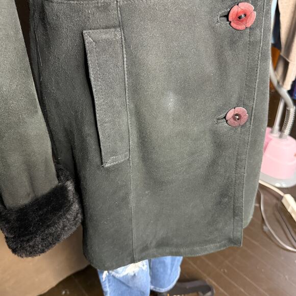 Vintage Italian Shearling Coat Jet Black Suede w/ Plush Fur Collar Mimmo Motta - Picture 7 of 15